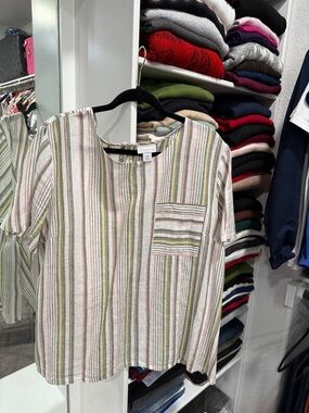 Liz Claiborne Striped Short-Sleeve Top in Neutral, Olive & Coral